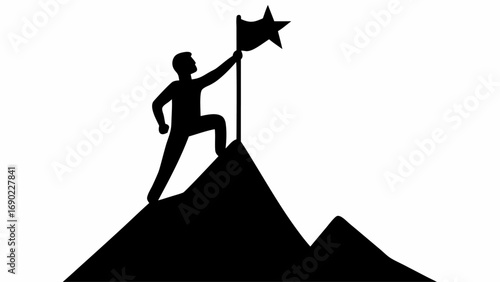 Silhouette of a person planting a star flag on top of a mountain peak against a white colored background
