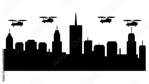 Silhouette of city skyline with skyscrapers and flying drones in a futuristic urban landscape view