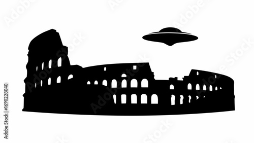 Silhouette of the colosseum in rome with a ufo flying overhead in a black and white graphic design style