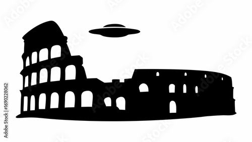 Silhouette of the colosseum with a ufo hovering above it in a stark black and white color scheme image
