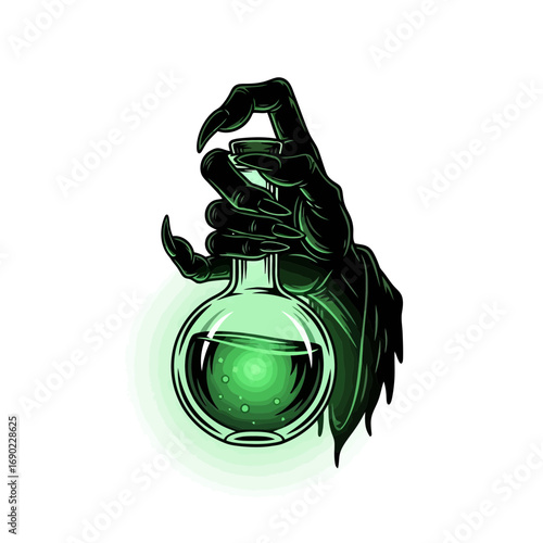 Monster hand holding glowing green potion