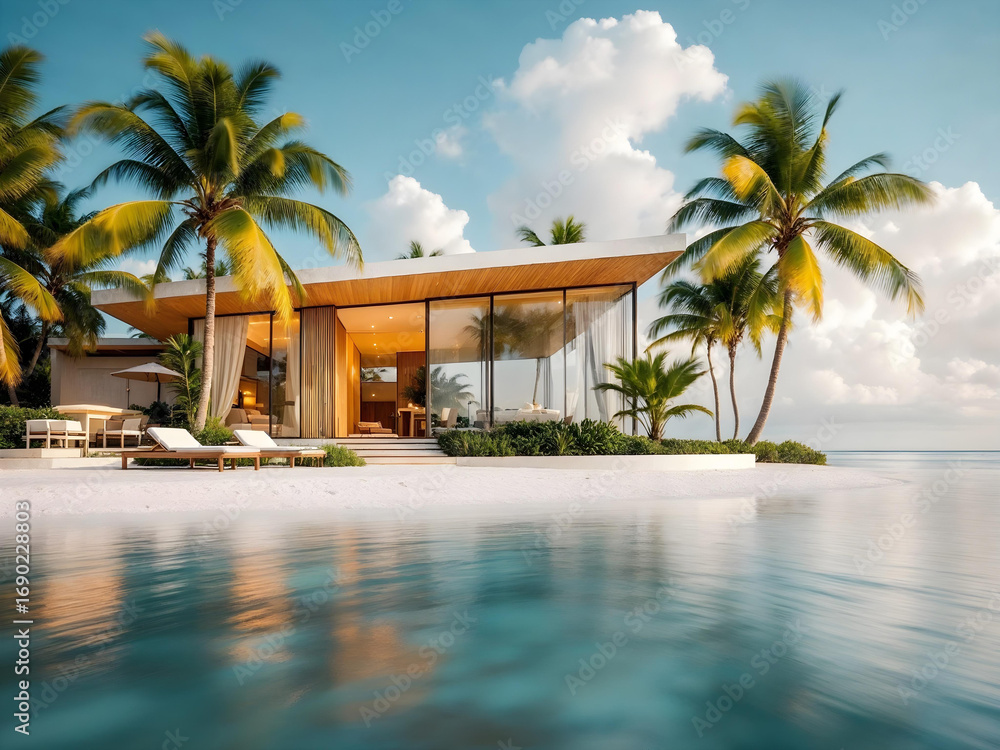 Fototapeta premium Modern beach house surrounded by palm trees, overlooking calm waters, during golden hour.