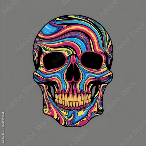 Psychedelic swirl skull infused with kaleidoscopic vibrant colors and hypnotic flowing patterns, dynamic artistic apparel print design for trippy t-shirts and hoodies