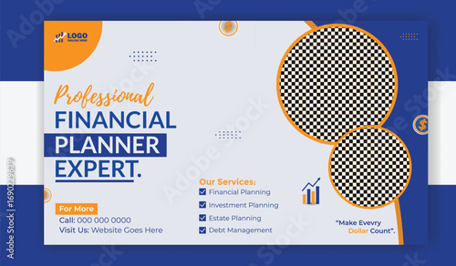 Professional financial planner expert banner with man in suit and graph isolated