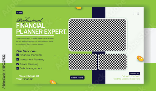 Professional financial planner expert banner with man in suit and graph isolated