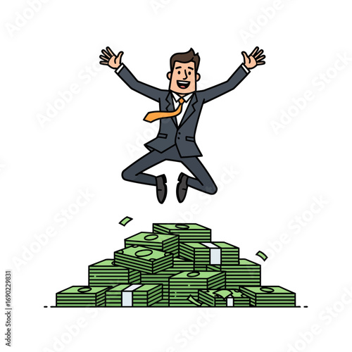 Isolated vector graphic of a character in a suit leaping onto a pile of money. A simple, bold, and effective design representing financial success and a windfall.
