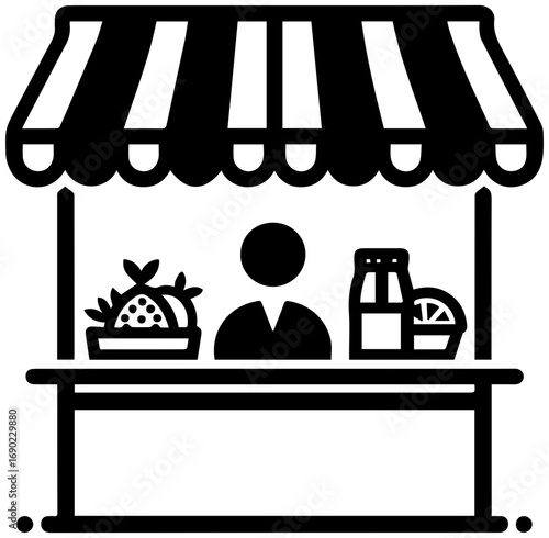 Friendly vendor proudly displays fresh produce and drinks at a vibrant market stall