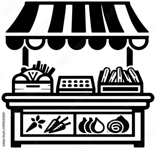 Vibrant marketplace stall overflowing with fresh produce and baked goods awaits shoppers