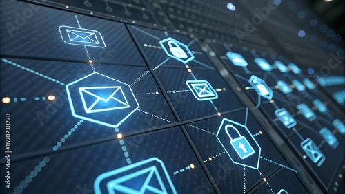 Secure digital communication network showing encrypted email and data protection