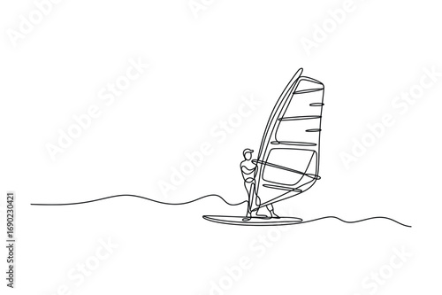Continuous one line drawing of person windsurfing water sport minimal vector illustration for summer design