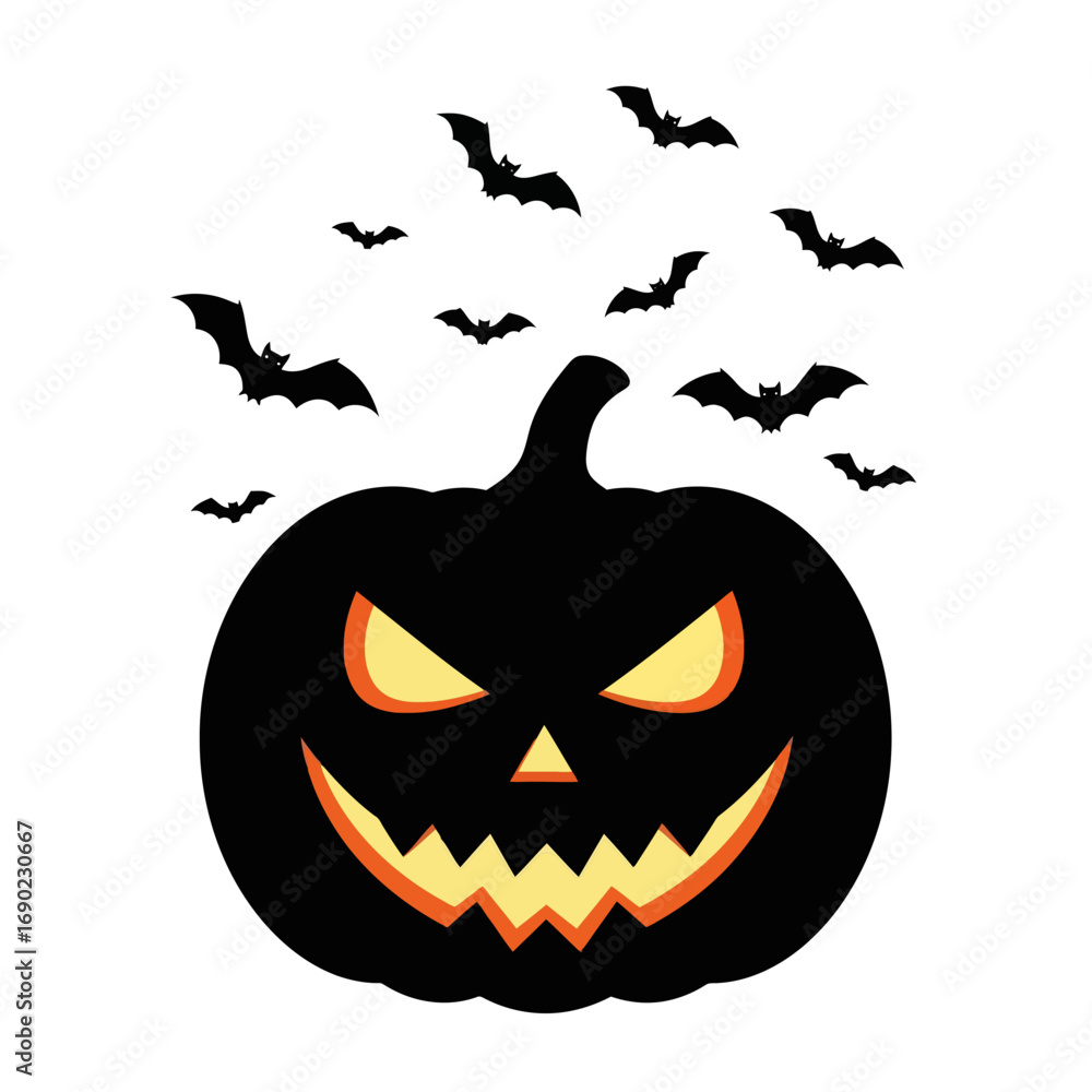 Fototapeta premium Spooky jack o lantern with flying bats
