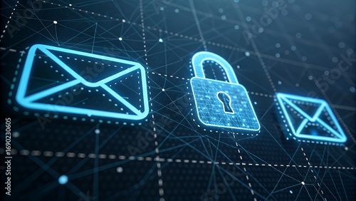 Concept of secure digital communication and email data protection with glowing padlock and envelope icons