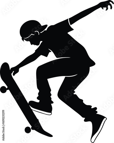 Black Silhouette Boy Skateboarding Mid Air Vector