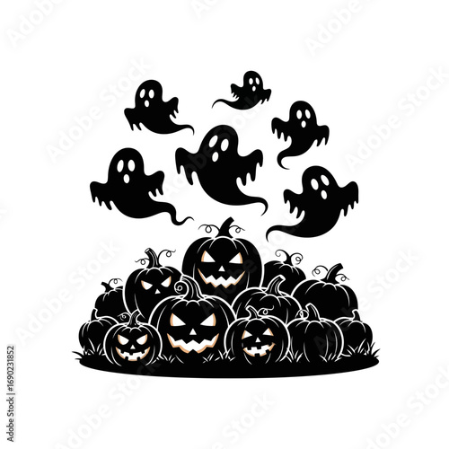 Spooky halloween pumpkins and ghosts illustration