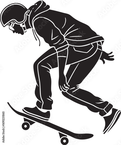 Black Silhouette Skateboard Player Crouching Vector