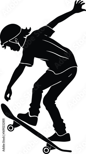 Black Silhouette Skateboarding Boy Doing Trick Vector