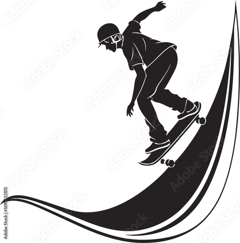 Black Silhouette Skateboarder Sliding On Ramp Vector