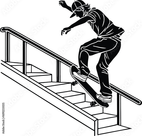 Black Silhouette Skater Grinding On Rail Vector