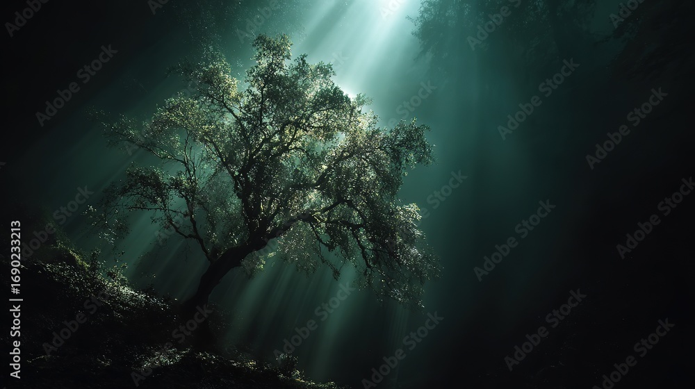 Obraz premium a tall tree stands in the middle of a dark forest, with light rays shining upon it. 