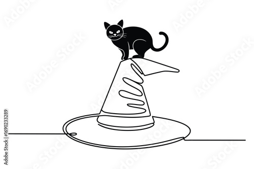 Continuous line drawing of black cat standing on witch hat symbolizing Halloween magic superstition and mystery illustration