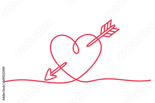 Continuous line drawing of heart pierced by arrow symbolizing love romance passion and Valentine illustration