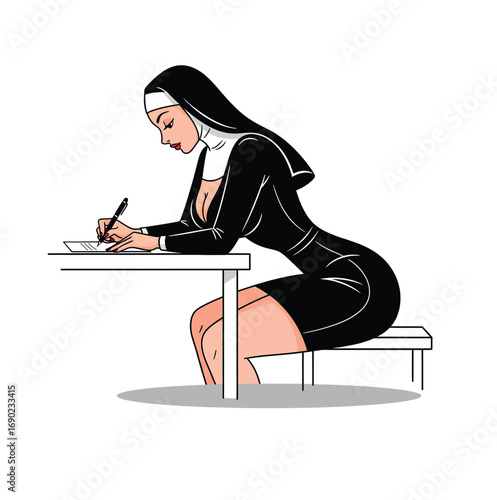 Sexy Pin-up Vector Illustration of a Nun Writing or Studying at a School Desk