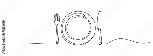Continuous Single Line Drawing of a Formal Dinner Place Setting with a Plate, Fork, and Knife