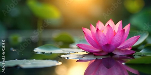Serene pink lotus flower blossoms on a tranquil pond at dawn, reflecting the soft sunlight Perfect for meditation, spa, or yoga themes , relaxation, sunrise, delicate