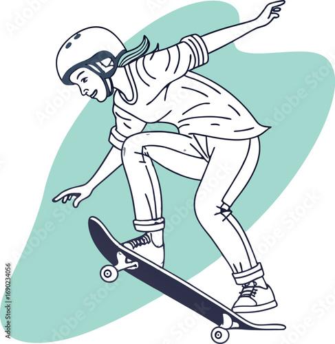 Flat Color Skateboard Athlete With Helmet Mid Air Vector