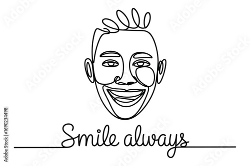 Continuous line drawing of smiling face with motivational text smile always symbolizing happiness joy and positive mindset illustration