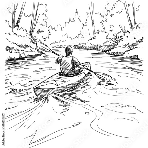 a man kayaking on a river illustration