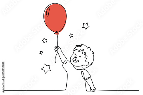 Minimal one line vector of boy with balloon representing playful lifestyle fun happiness and childhood innocence design