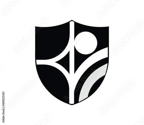 Modern abstract shield symbol with dynamic lines and circle design