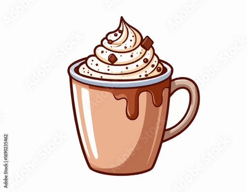 a mug filled with hot chocolate, topped with whipped cream and a few chocolate shavings