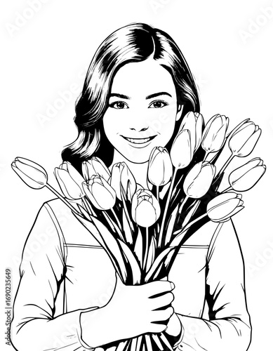portrait of a girl with a bouquet of tulips. coloring book