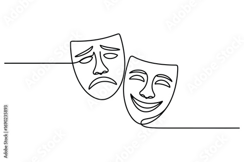 Continuous line drawing of comedy and tragedy masks symbolizing theater performance drama and acting culture illustration