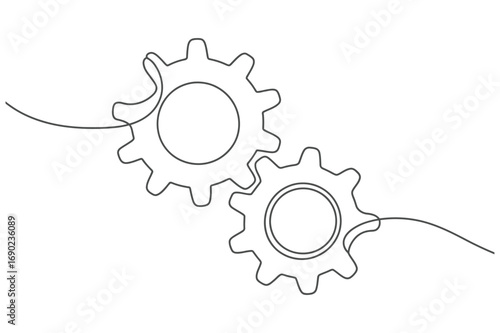 Continuous line drawing of industrial gear wheels symbolizing mechanism engineering teamwork and business process vector illustration