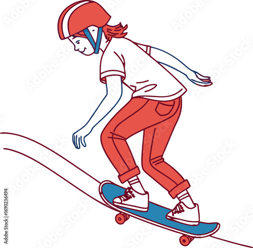 Flat Color Young Skateboard Player With Helmet Vector