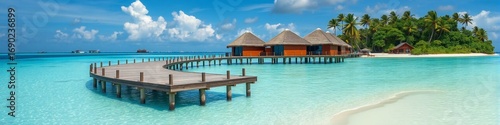 Maldives beach with luxurious water villas