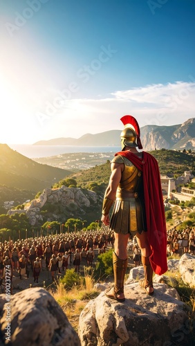 Roman soldier surveying a vast battlefield at sunrise