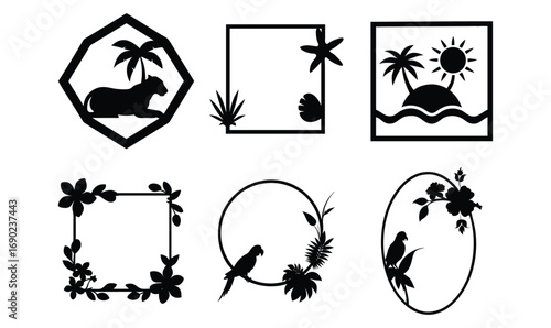 Tropical silhouette frames and borders featuring animals and plants