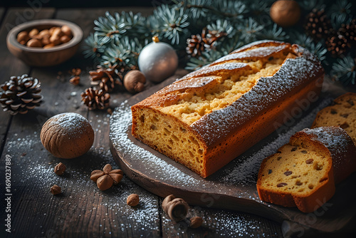 ia generated. Traditional Italian panettone on a rustic wooden table, festive props around it, high-resolution food photography