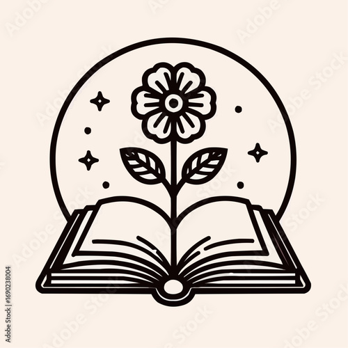 Open book with a flower growing out in a minimalistic line art style