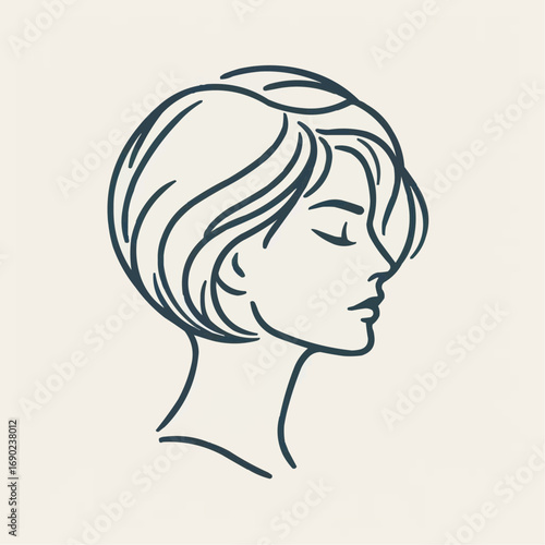 Elegant line art illustration of a woman’s profile with short hair