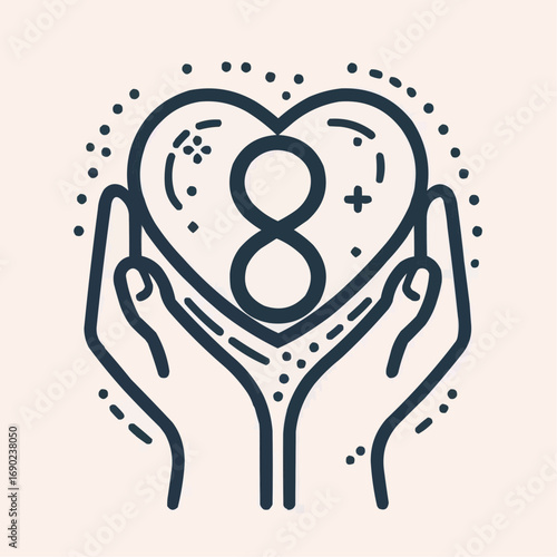 Hands holding a heart symbol with the number eight, representing love, care, and compassion