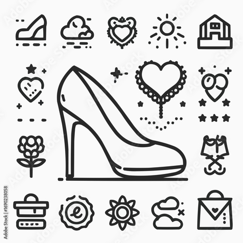 Line art illustration of a high heel shoe surrounded by various icons representing women's lifestyle and fashion