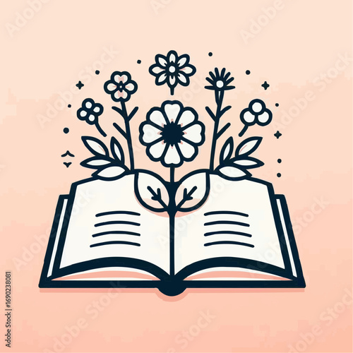 Illustration of an open book with flowers growing from its pages, symbolizing knowledge and creativity