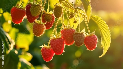 Ripe raspberries on branch