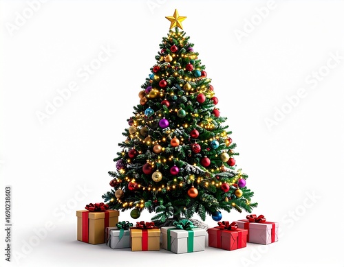 A tall Christmas tree decorated with colorful ornaments, glowing string lights, and topped with a golden star. Wrapped presents in red, green, and white boxes sit neatly underneath