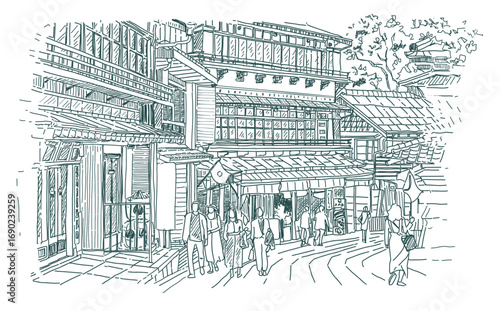 Illustration Sketch Detailed line drawing of the tourist population of  Old Town.